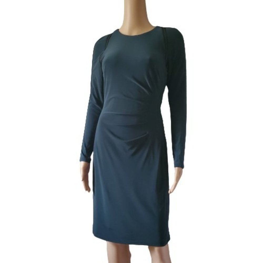 Lauren Ralph Lauren Women's Jonni Faux Leather Trim Gathered Sheath Dress Size 4 - Picture 2 of 15